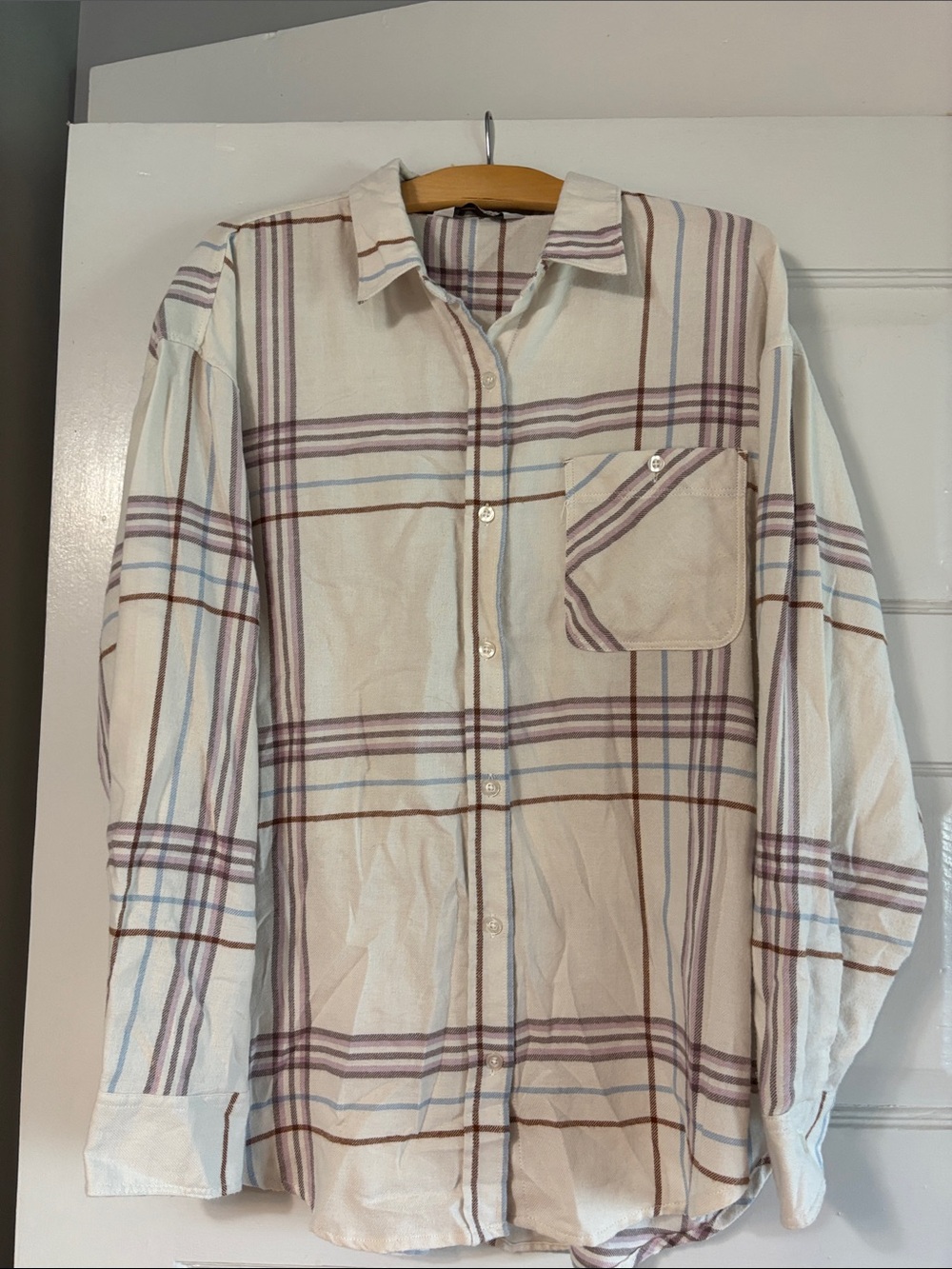 Alpine Design Cream Plaid Tunic Shirt with Brown and Blue Stripes